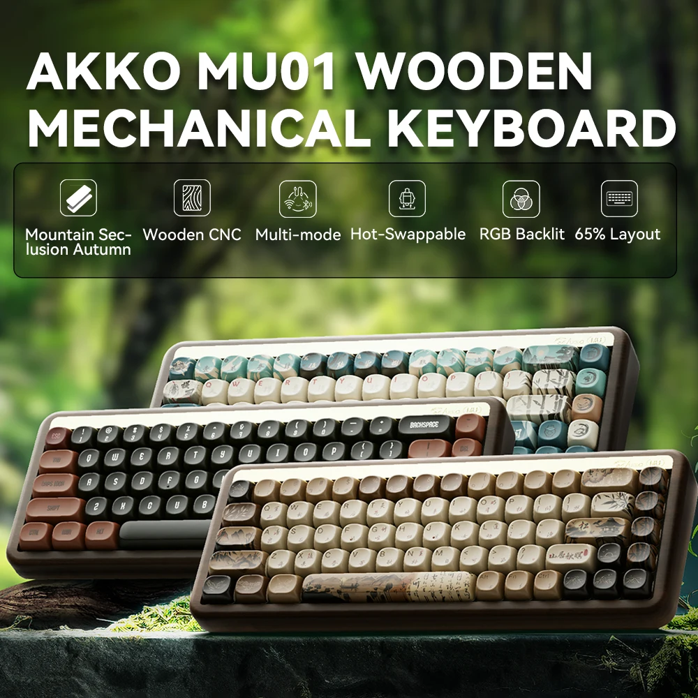 Akko MU01 Mountain Seclusion 목재 기계식 키보드 RGB 핫 스왑 가능 BT 5.0/2.4G 무선 및 Type-C 유선 게임용 키보드