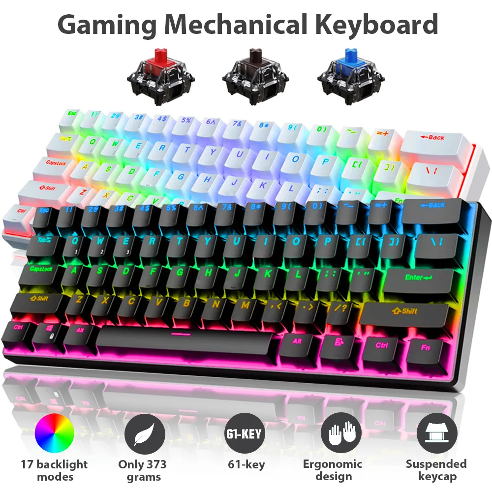 61 키 기계식 키보드 유선 USB 기계식 키보드 컴퓨터 노트북 용 17 가지 유형 RGB 키보드 빨간색 파란색 차 축 키보드