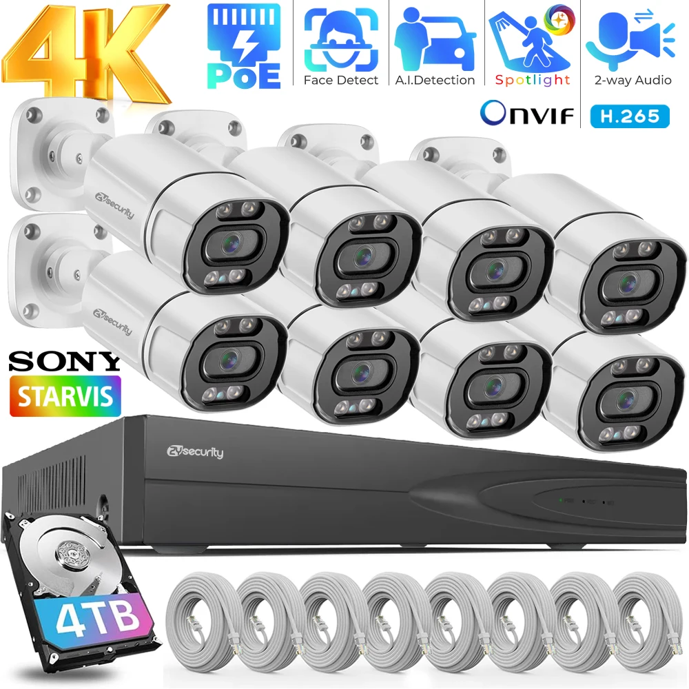 8CH POE 비디오 감시 키트 4K 8MP 5MP 슈퍼 HD 야외 IP 카메라 컬러 나이트 비전 양방향 오디오 CCTV 보안 카메라 시스템 PoE NVR 세트