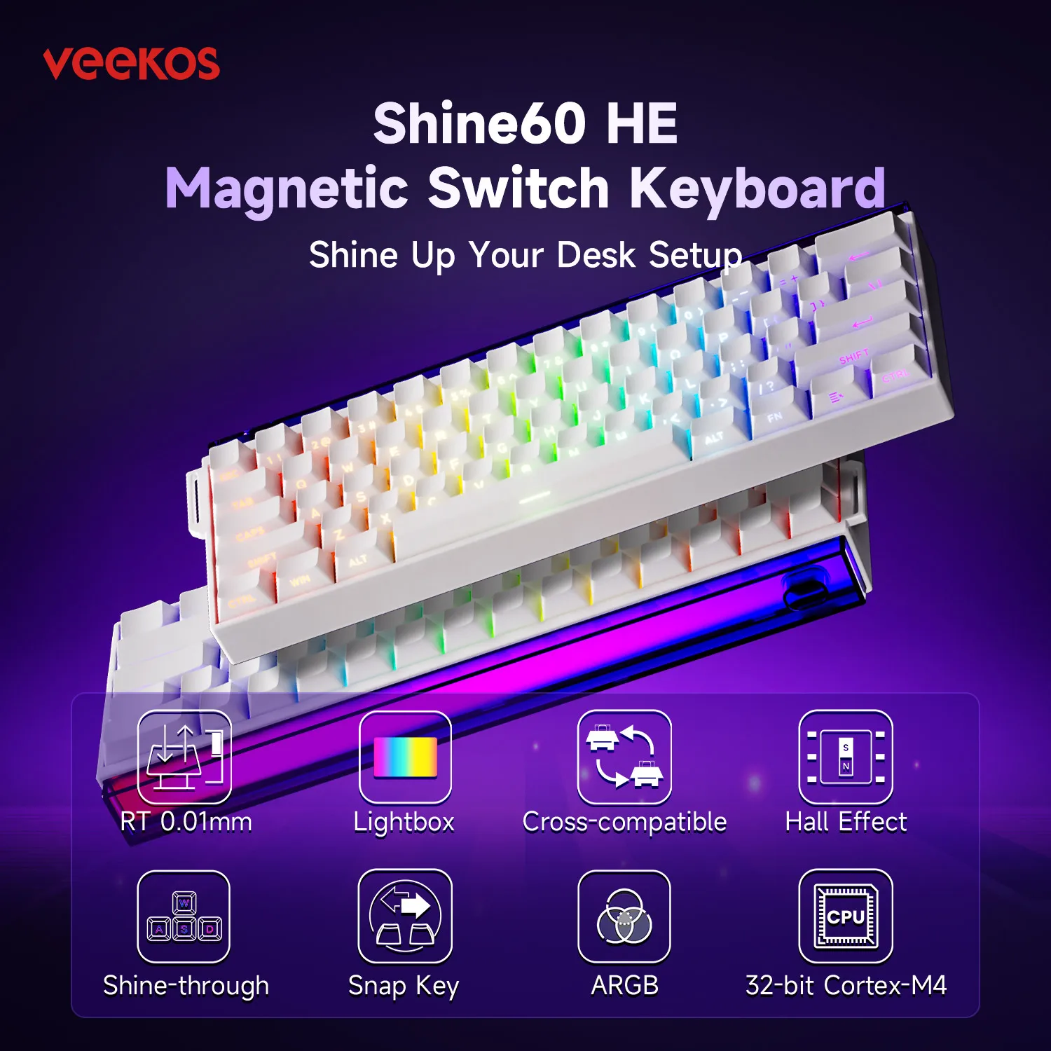AKKO x Veekos Shine60 HE 자기 스위치 키보드 60% 신속한 트리거 키보드 RT 0.01mm 스냅 키 Esports 게이머 용 맞춤형 키보드