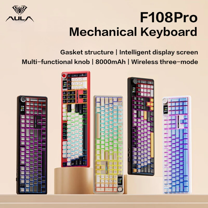 AULA F108 Pro Bluetooth 2.4G 유선 3 모드 연결 기계식 키보드 풀 키 핫 스왑 가능 가스켓 구조 RGB 조명