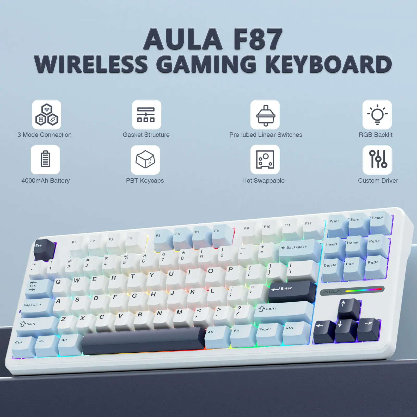 AULA F87 Pro 가스켓 게임용 기계식 키보드 75% TKL 레이아웃 무선 핫 스왑 RGB 맞춤형 Bluetooth 키보드 2024 새로운 색상