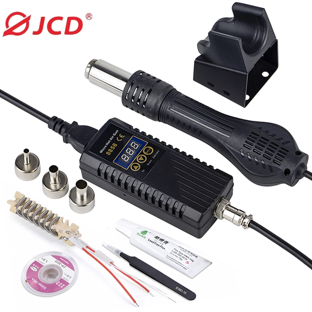 JCD 750W 히트 건 디지털 디스플레이 마이크로 재 작업 납땜 스테이션 용접 수리 도구 용 뜨거운 공기 총 헤어 드라이어 8858