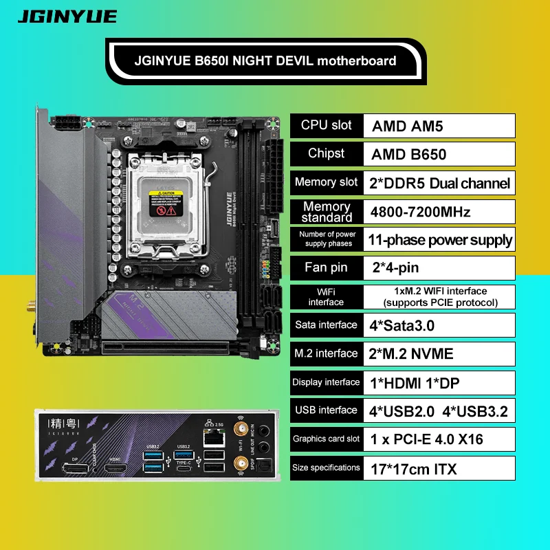 JGINYUE AM5 마더보드는 AMD Ryzen 7000 시리즈 CPU 프로세서를 지원합니다. DDR5 듀얼 채널 메모리 RAM ITX B650i Night Devil