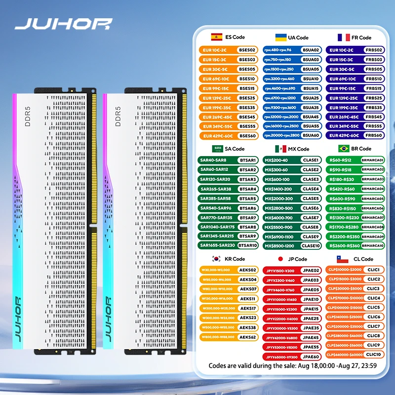 JUHOR 데스크탑 메모리 RGB DDR5 16GBX2 6000MHz 5600MHz Dimm 고속 메모리 램