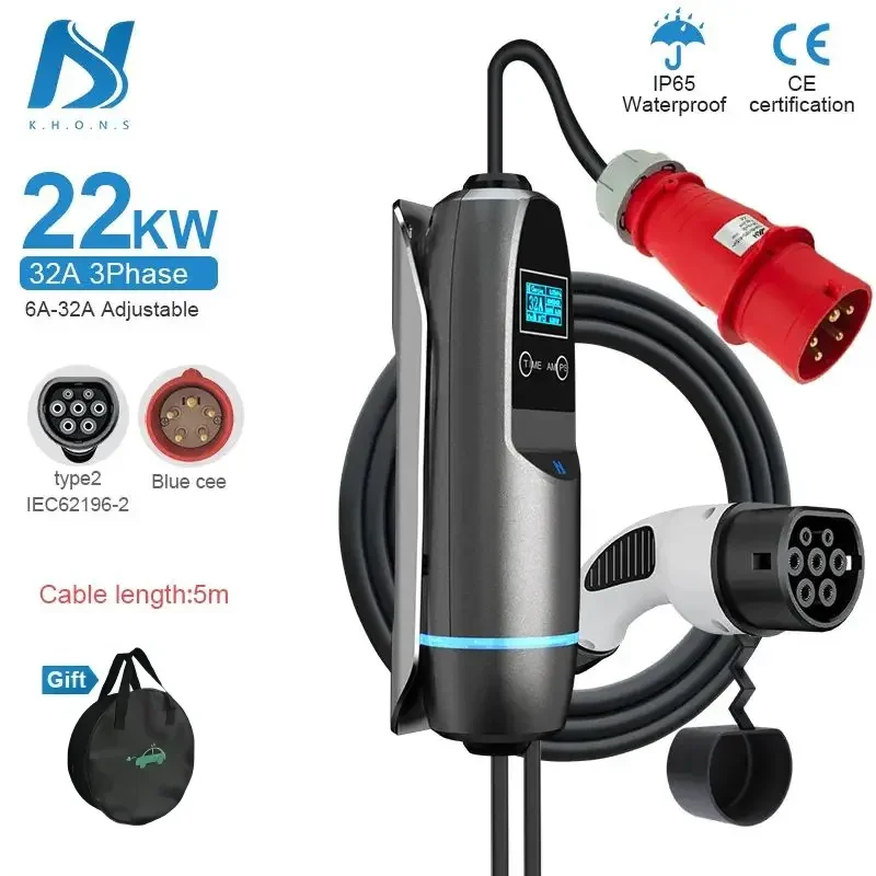 Khons 3 상 22kw 전기 자동차 타입 2 휴대용 충전기
