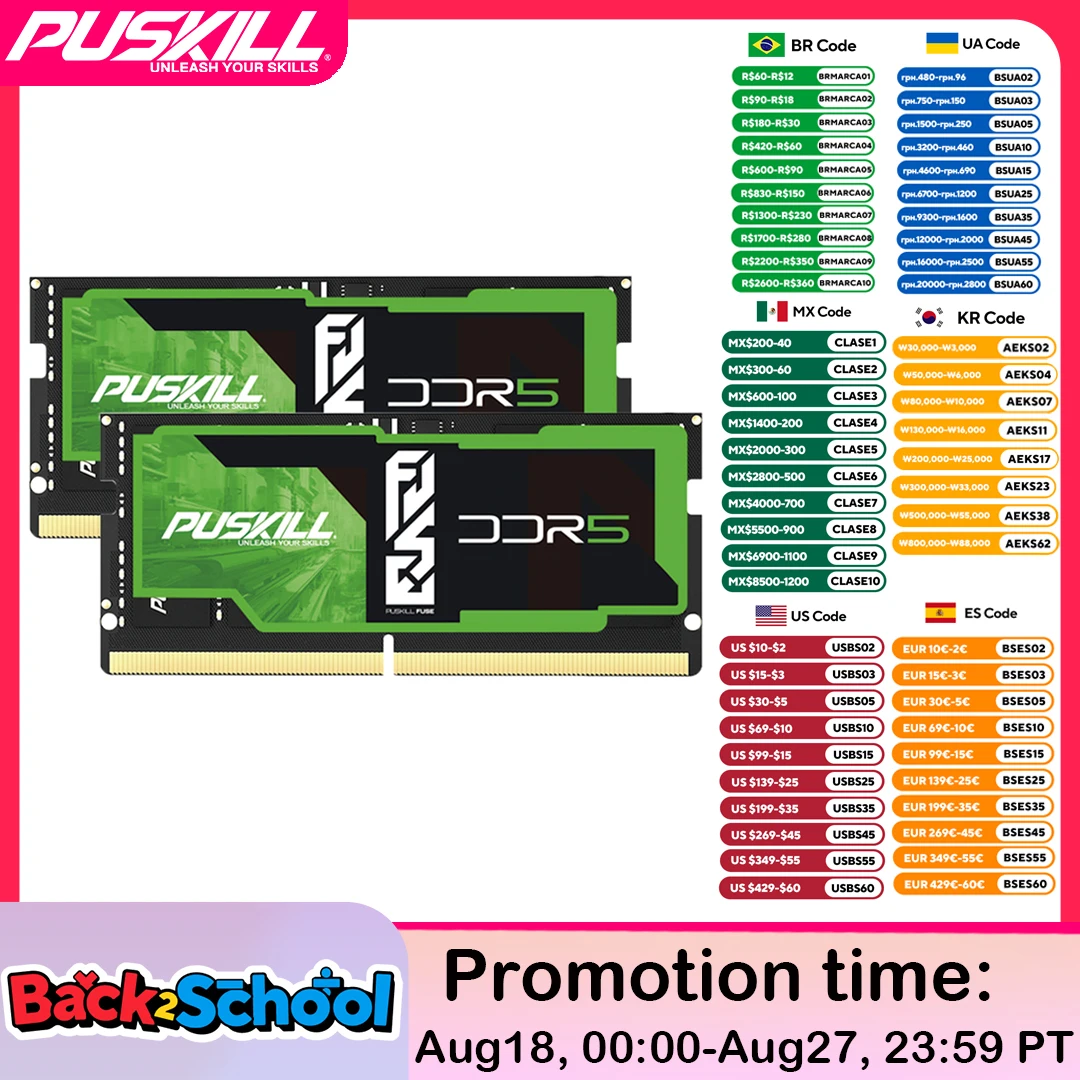 PUSKILL DDR5 노트북 RAM 32GB 16GB 8GB 1.1V 262 핀 5600MHz 5200MHz 4800MHz CL46 CL42 CL40 노트북 SODIMM 메모리
