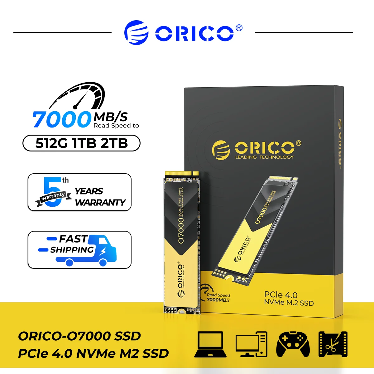 ORICO O7000 PCIe4.0 7400 MB/S PS5 게이밍 M.2 NVMe SSD 내장 솔리드 스테이트 드라이브