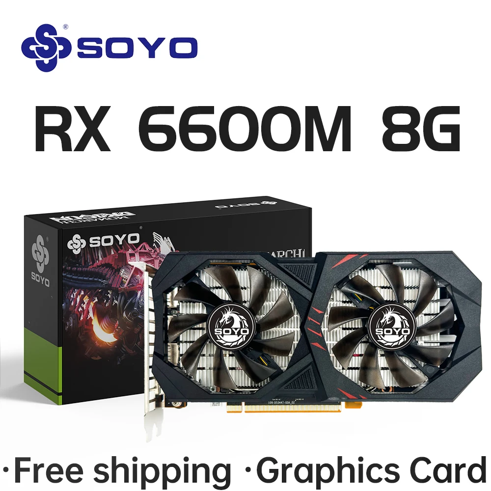 SOYO AMD RX 6600M 8GB 그래픽 카드 GDDR6 128Bit PCI-E 4.0×8 8Pin Radeon GPU RX6600M 데스크탑 구성 요소 PC 게임 비디오 카드