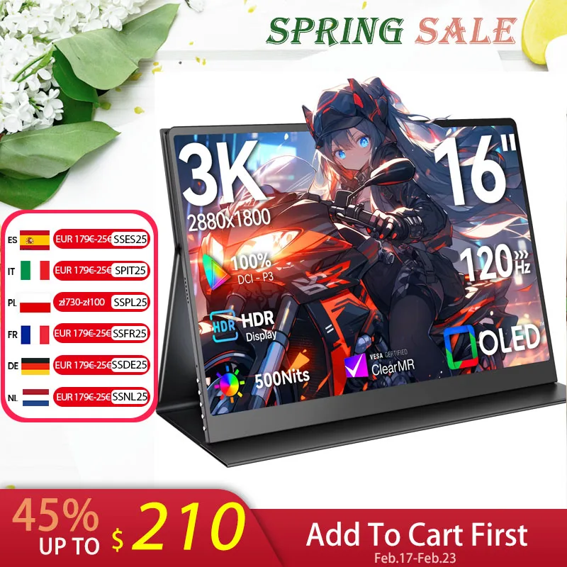 UPERFECT 16형 120HZ 노트북 모니터 3K 노트북 스위치 XBOX PS4 16:10 100% sRGB 500Nits USB-C HDMI 2880*1800 여행 외부 보조 컴퓨터 화면(VESA OLED 디스플레이)
