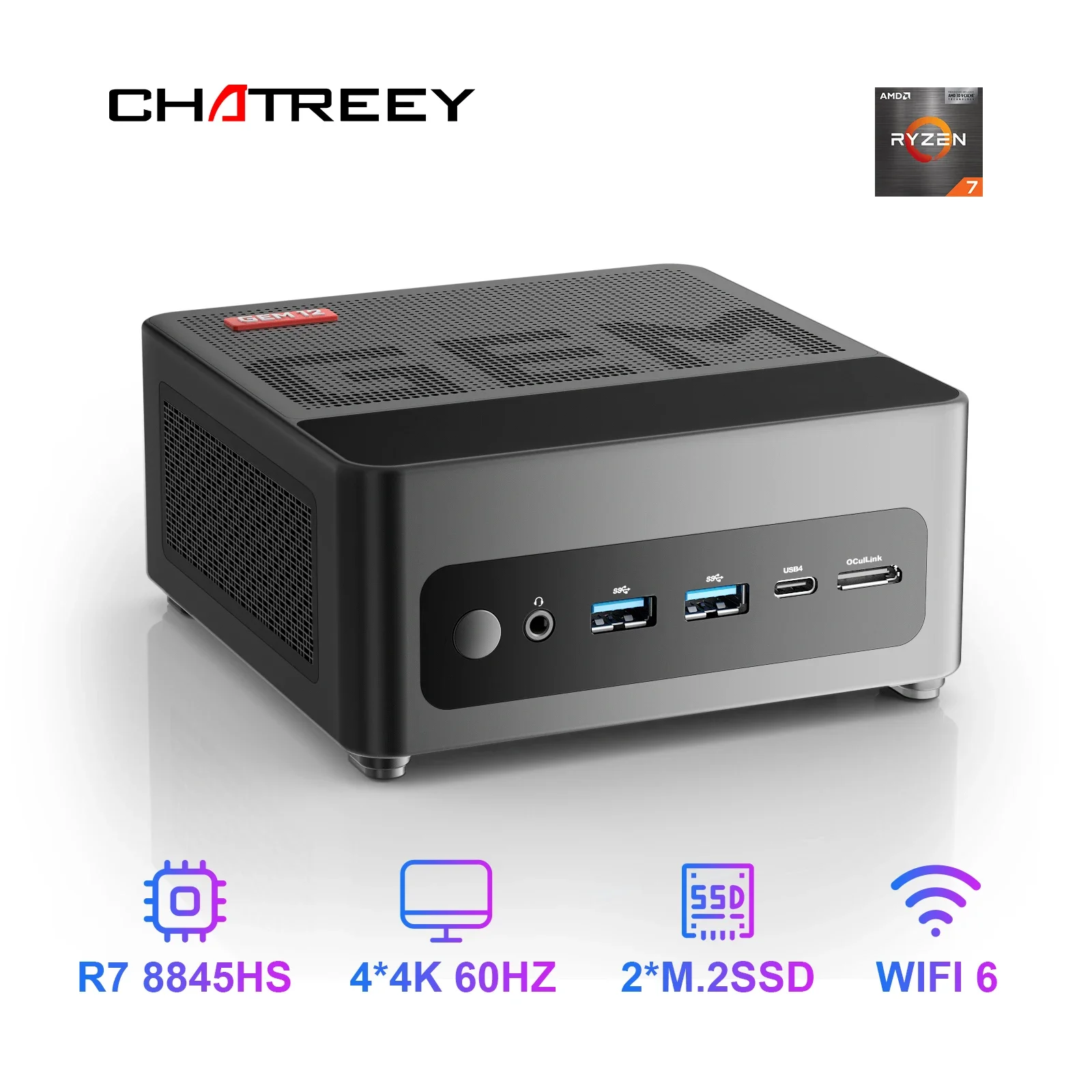 Chatreey GEM 미니 PC R7 8845HS 7840HS 780M R9 6900HX 680M 게임용 데스크탑 컴퓨터(WiFi 6/블루투스 5.2/OCuiLink/HDMI/USB 4 포함)