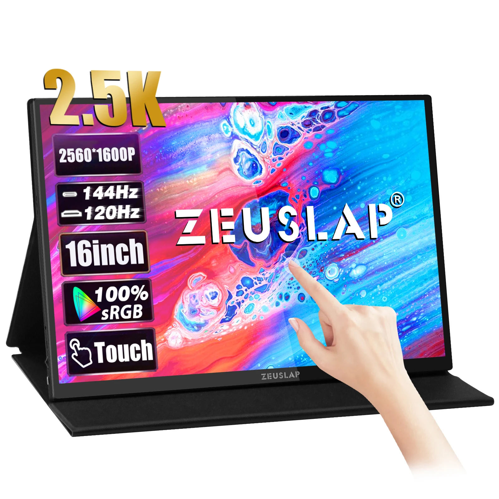 ZEUSLAP 16" 2.5K 144hz 터치 스크린 휴대용 모니터 2560*1600 100%sRGB 500Cd/m² 노트북 컴퓨터용 여행용 디스플레이