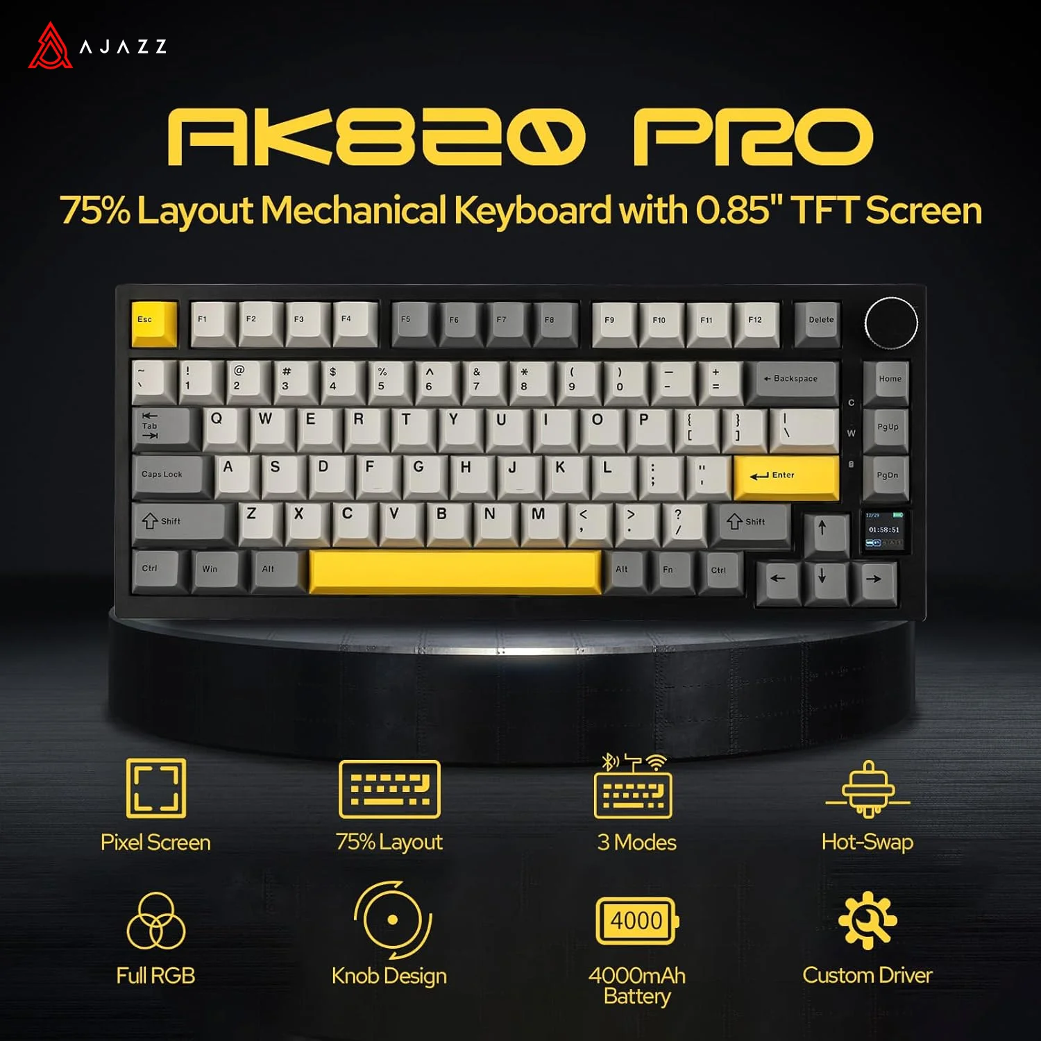 Ajazz AK820 Pro 게임용 기계식 키보드 TFT 컬러 스크린 손잡이가 있는 Bluetooth/무선/유선 맞춤형 키보드 136 키캡