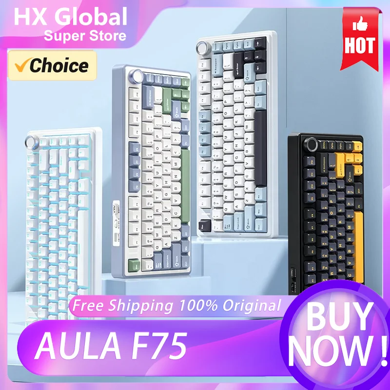 [핫 세일] AULA F75 트라이 모드 기계식 키보드 무선 Type-C 맞춤형 낮은 대기 시간 가스켓 사무용 PC 노트북 게이머 선물 Win Mac